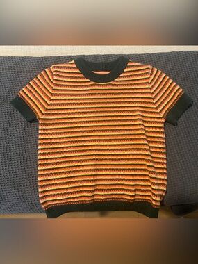 Cider Short-Sleeve Striped Crewneck Sweater in Dark Green, Orange, Yellow